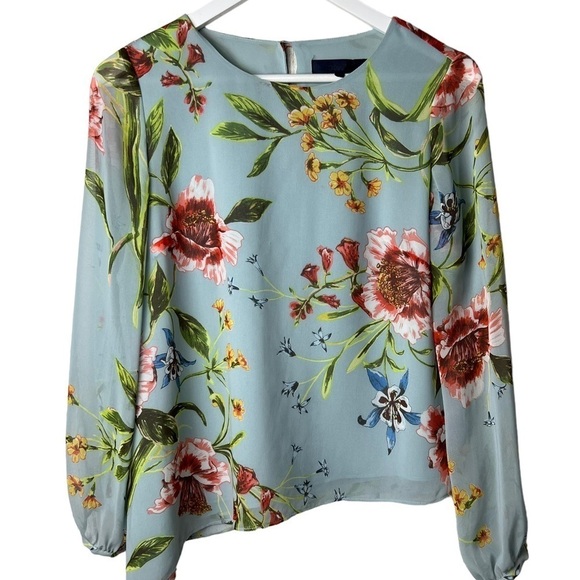 Rachel Roy Top Blouse Floral Sheer Sleeves Size Small Beautiful Blue Tunic - Picture 1 of 8